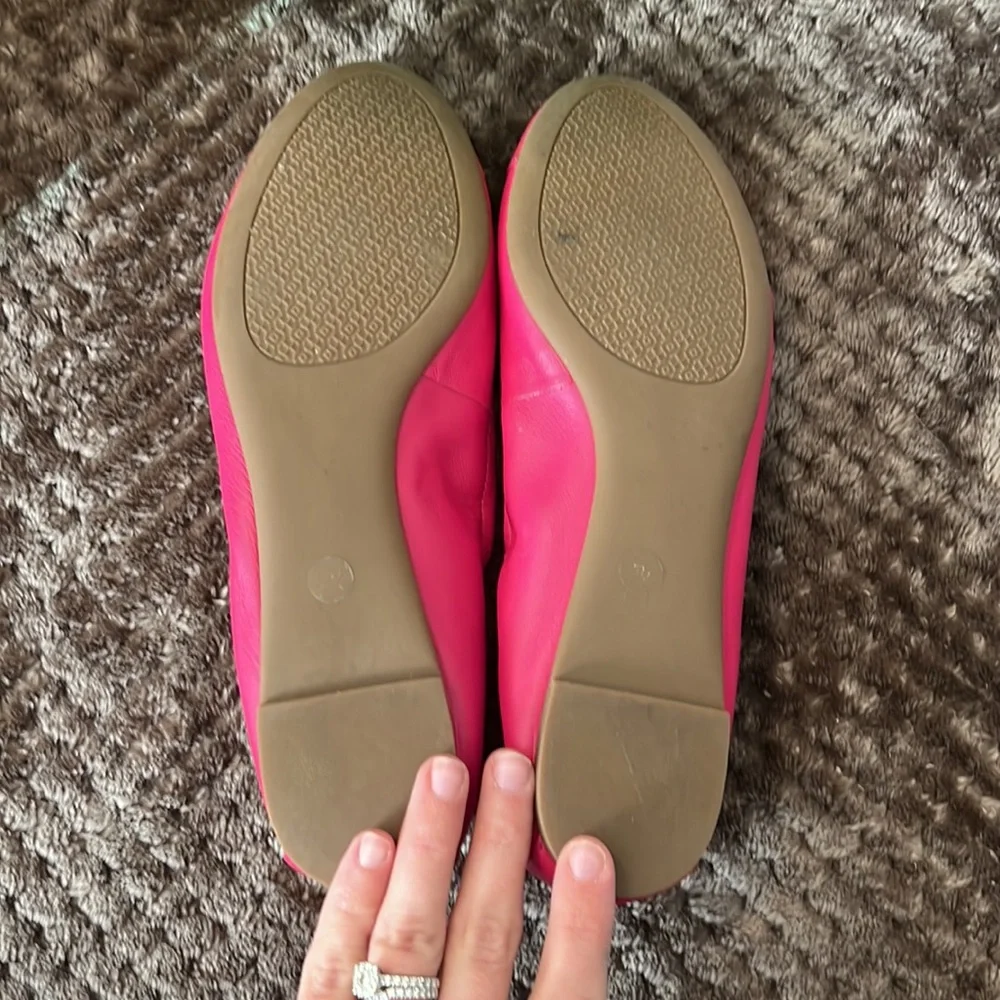Tory Burch Hot Pink Leather Ballet Flats with Gold Logo